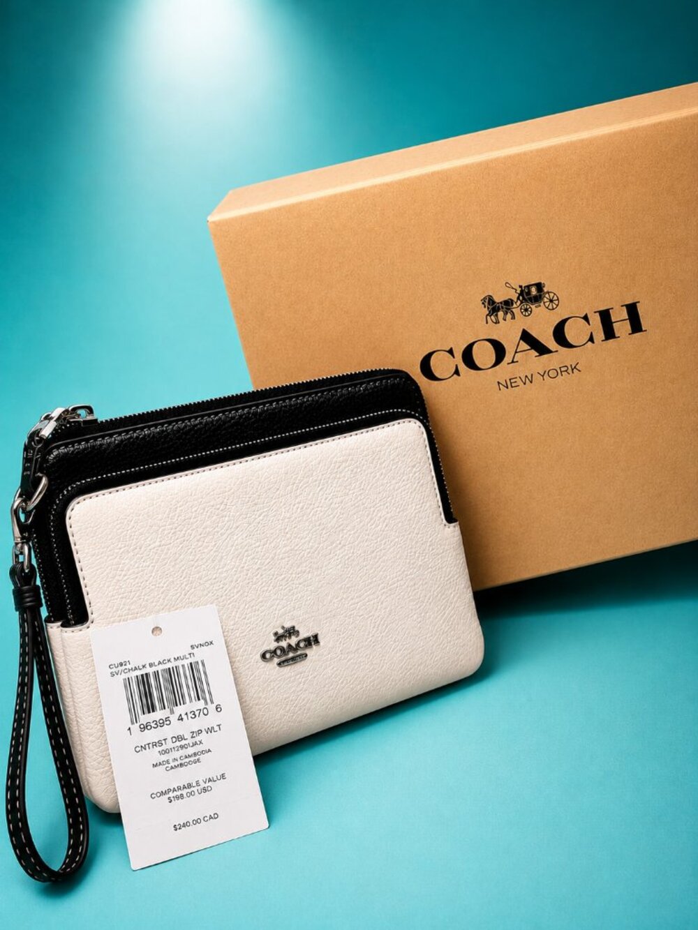 Coach White and Black Leather Double Zip Wristlet